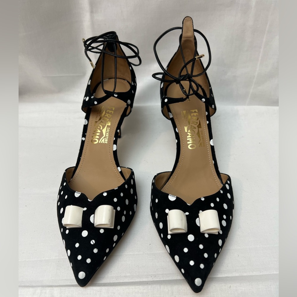 Salvatore Ferragamo Suede Black and White Dots Pumps
